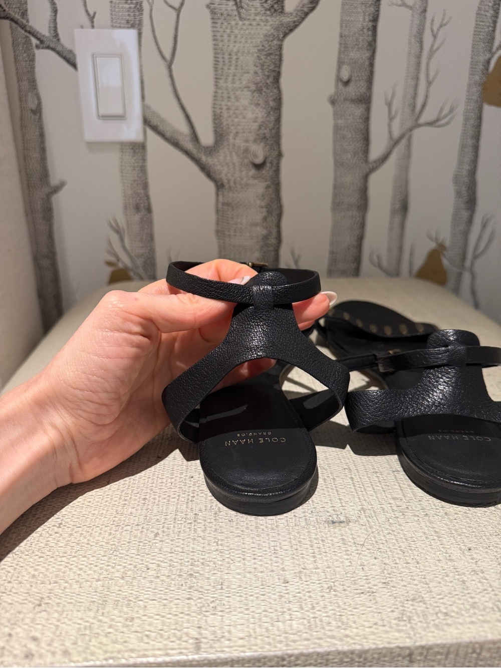 Cole Haan Black Leather Ankle-Strap Sandals with Gold Accents - Picture 5 of 7